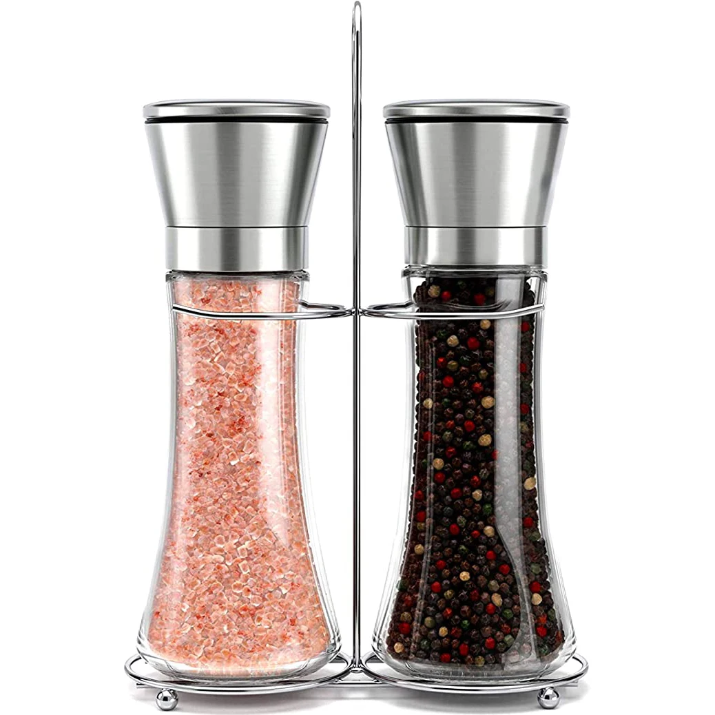 

Salt and Pepper Grinder Set with Stand Stainless Steel&Glass Manual Adjustable Pepper Mill Kitchen Cooking Tools