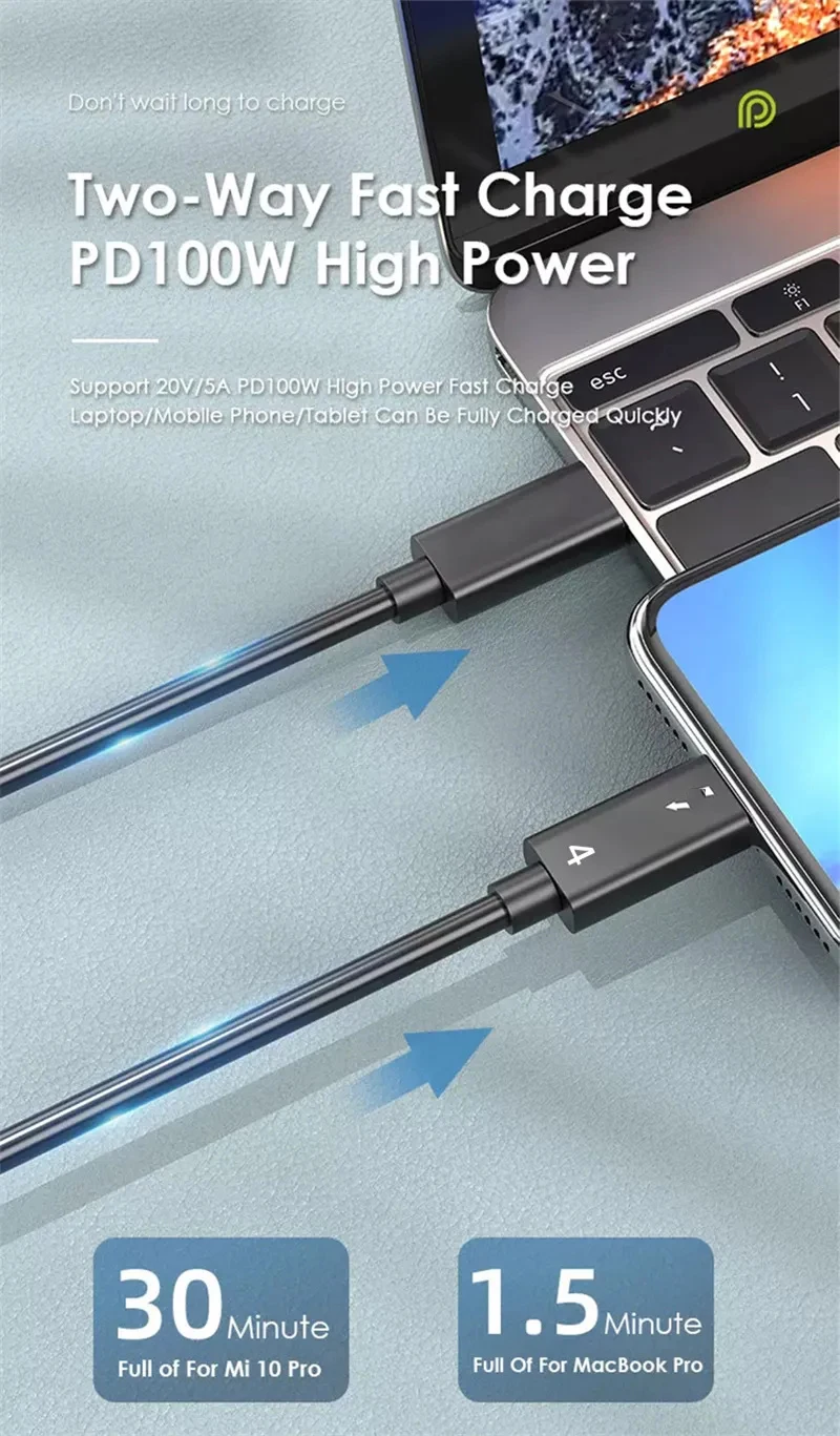 Thunderbolt 4 Cable PD100W USB C To Type C Fast Charging Cable 8K@60Hz 40Gbps Type-C Video Data Cord for iMac Macbook Pro Switch for usb charging cable charging cable usb cable