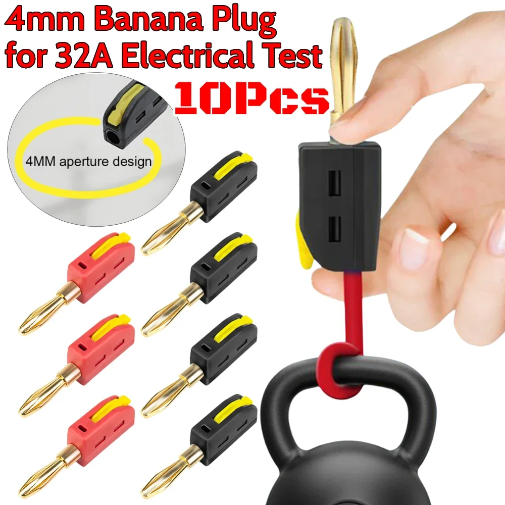 10Pcs 4mm High Current Plugs Solder-Free Gold-Plated Banana Connector Self-Locking Lantern Buckle Plug for 32A Electrical Test