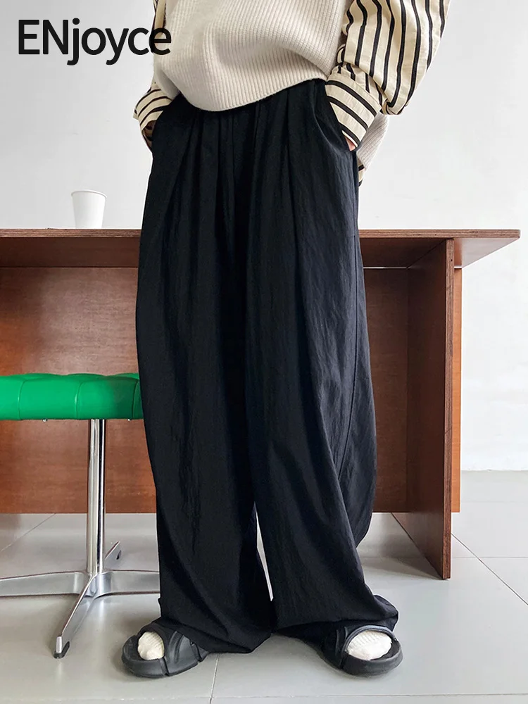 

Женские брюки с широкими штанинами ENjoyce, повседневные свободные спортивные штаны в японском стиле Харадзюку с эластичным поясом, уличная одежда для весны и осени