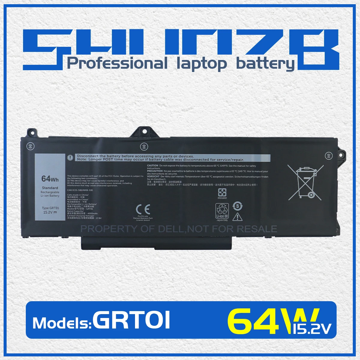

SHUOZB GRT01 Laptop Battery For Dell Latitude 5421 5431 5521 5531 Precision 3561 3571 3470 Alienware m17 R5 R05P0 15.2V 64Wh