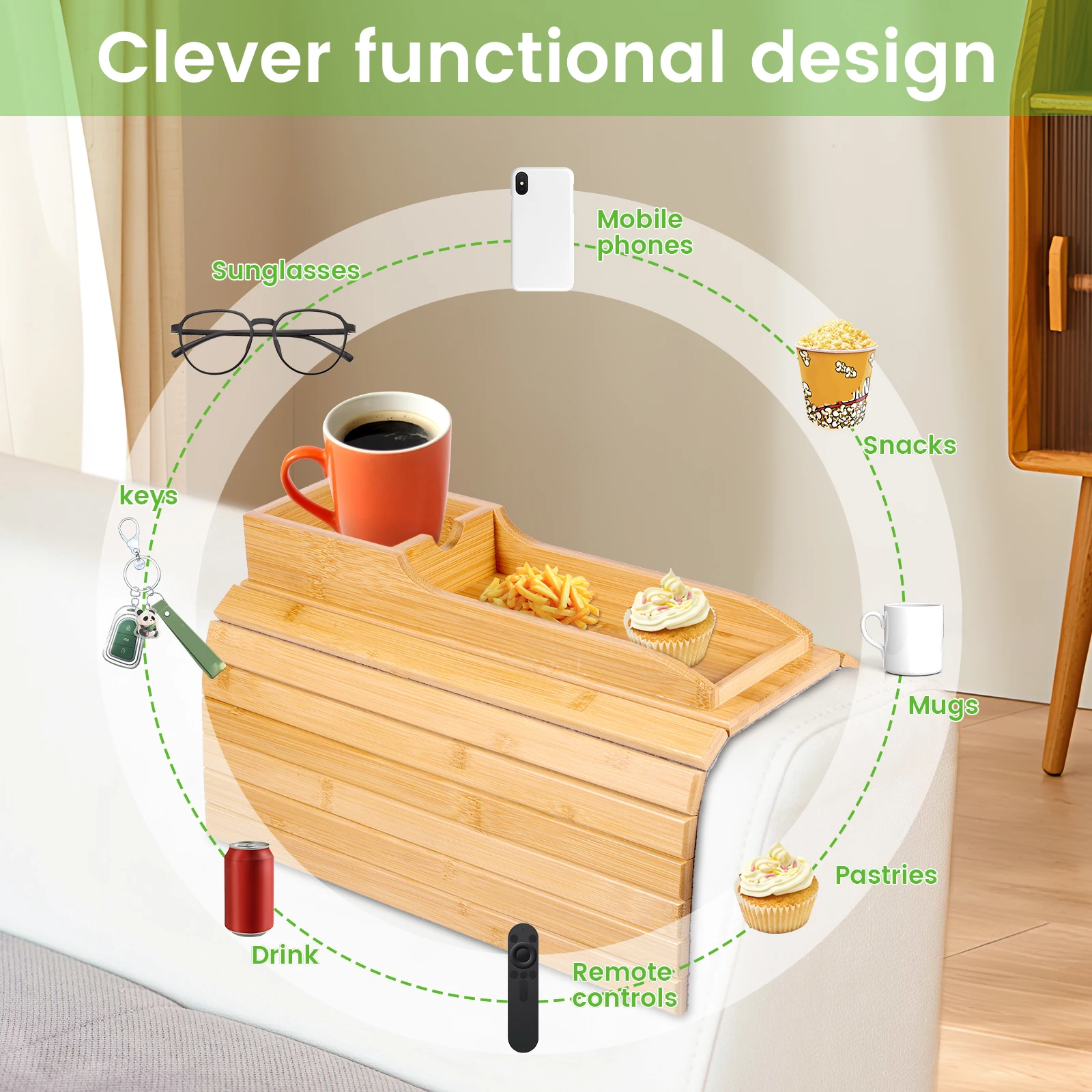 Bamboo Couch Cup Holder - Foldable Armrest Tray For Drinks, Snacks & Remote Control