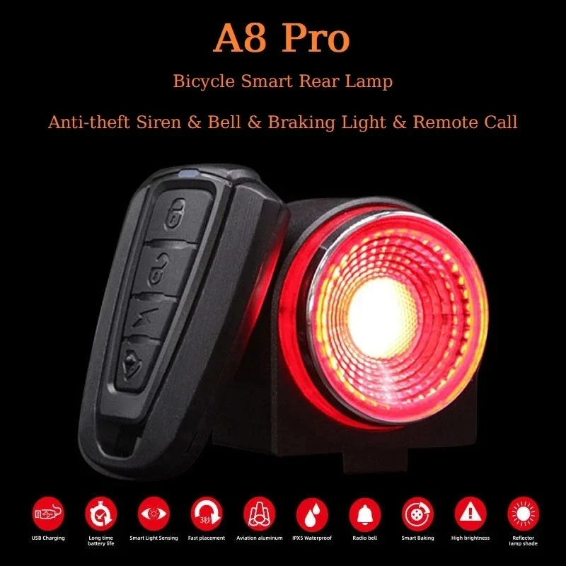 

A8 Road Bike Anti-theft Alarm Lock Auto Brake Cycling Taillight Remote Control Bicycle Rear Light Wireless Bell