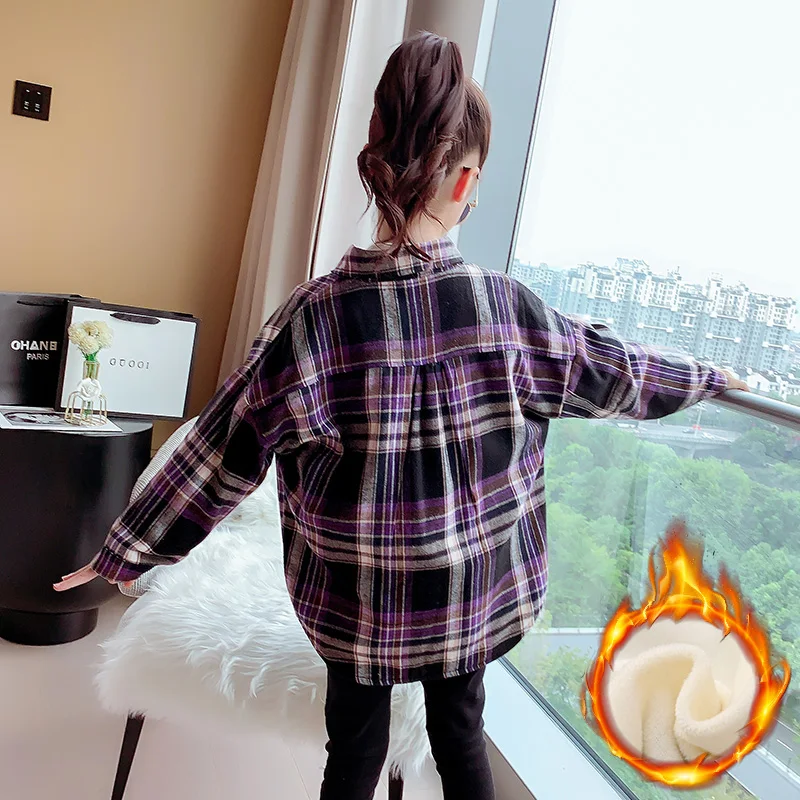 우아한 어린이 겨울 체크무늬 보온 블라우스 소녀용 클래식 스타일 보온 셔츠 청소년 아동 학교용 따뜻한 옷 4-13세