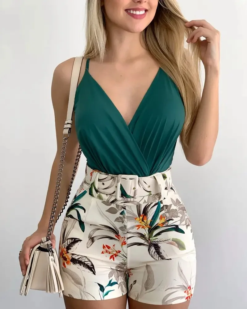 2024Summer Sexy Fashion Two-piece Hips Beach Women Suspender Shorts Suit Monos Mujer Elegante with Belt2 piece sets women outfit faux leathers suspenders for men adjustable suspender with 2 metal clips groomsmen gift wedding costume