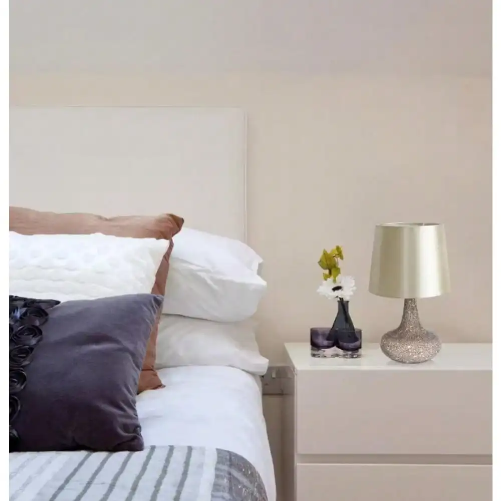 14.17 in. Mosaic Tiled Glass Genie Table Lamp with Satin Look Fabric Shade for Night Stands, Living Room, Office