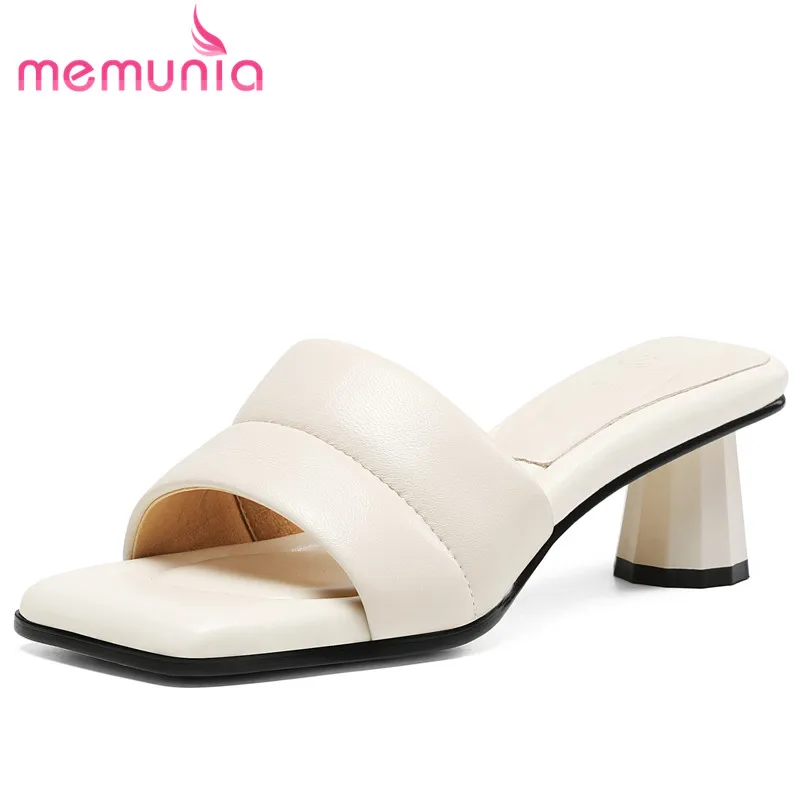 

MEMUNIA 2023 New Sheepskin Square Toe Slippers Woman Simple Ladies Outside Summer Shoes Thick Med Heels Slippers