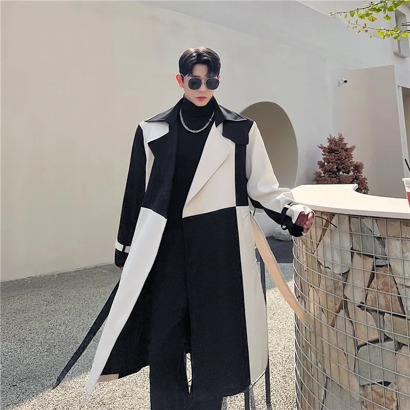 Autumn Winter Korean Fashion Contrast Color Long Trench Coat Mens High Quality Casual Long Jackets Gabardina Hombre