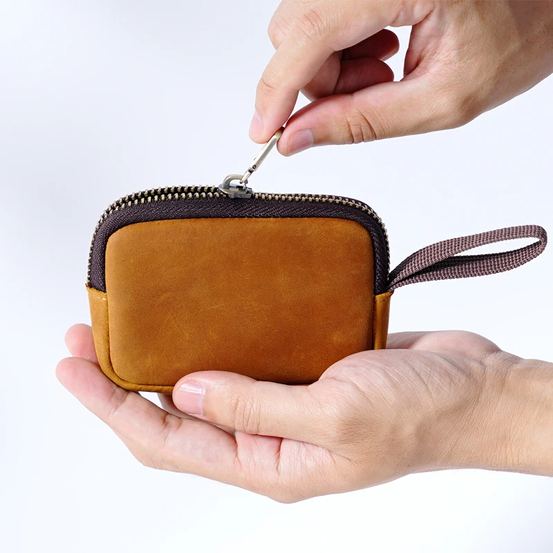 Vintage Solid Color Cowhide Small Purse Mini Coin Purse Bluetooth Headset Key Bag Zipper Card Coin Storage Bag