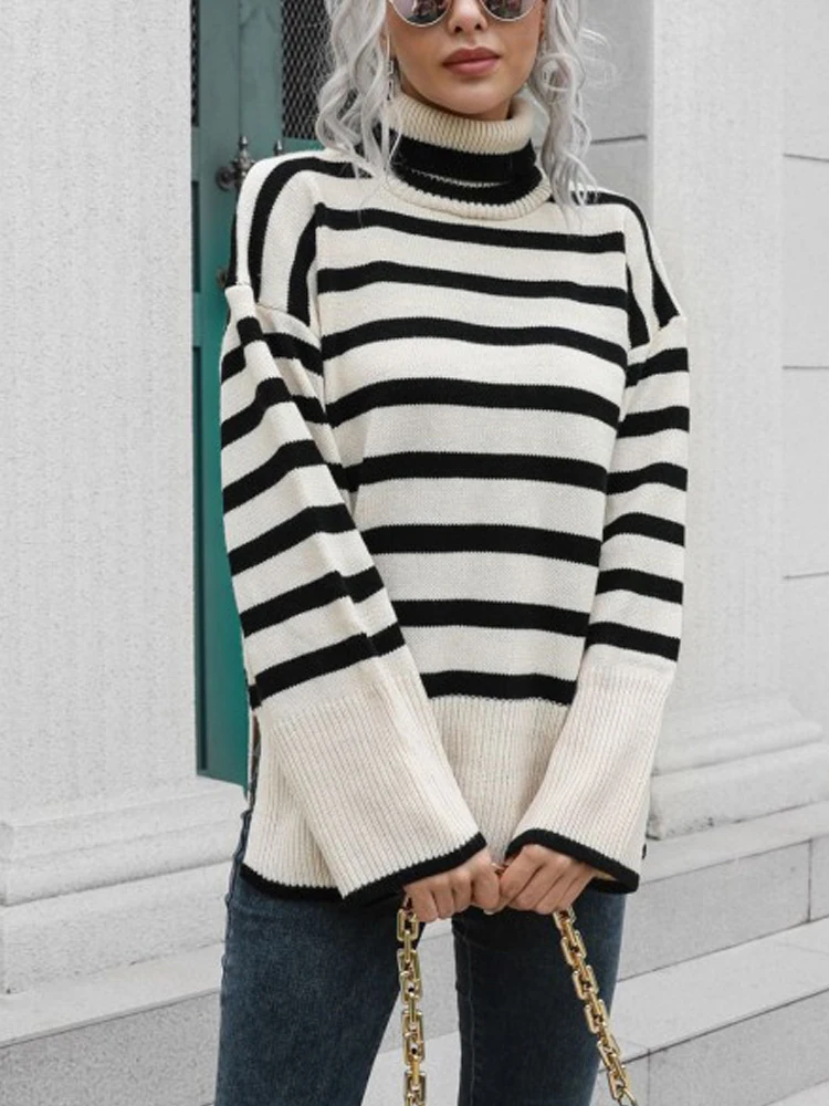 

Женский свитер в полоску, повседневный вязаный пуловер с высоким воротом, Осень-зима 2023