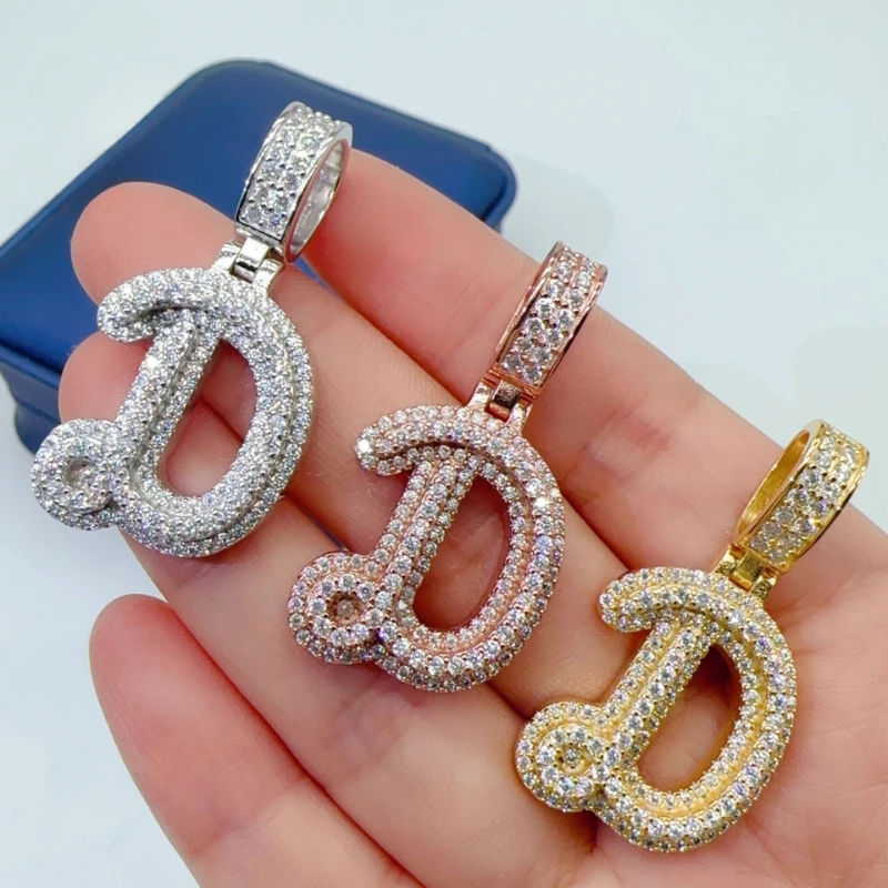 Hiphop Iced Bling Moissanite D Letter Pendant Women Men 925 Sterling Silver Real Moissanite 26 Alphabets Pendant 14K Gold Plated