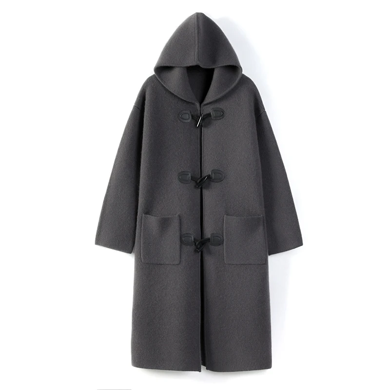 

HSY Autumn/Winter hooded horn button mid-length coat four flat thick loose 100% pure cashmere cardigan coat