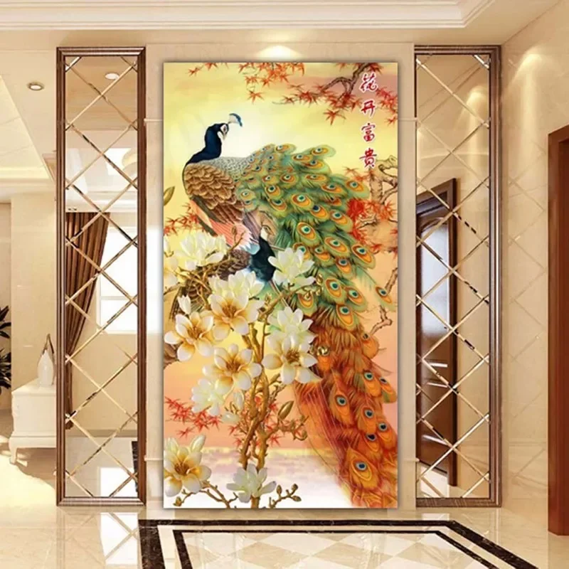 QIANZEHUI Needlework DIY blooming flower peacock Cross stitch The vertical version of magnolia silk series Wall Home Decro cross stitch kit