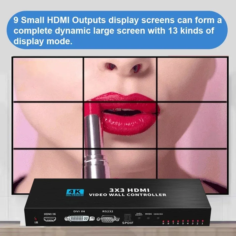 비디오 월 컨트롤러 DVI HDMI 월 컨트롤러 TV 스플라이싱 프로세서, RS232 포함, 4K 3X3, 1X3, 2x3, 2x4, 4x2, 9 스크린 TV 스플라이서 박스