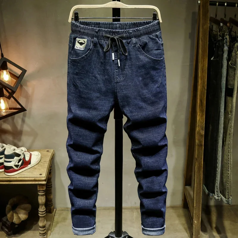 

Spring 2024 New Men's Plus Size Dark Blue Jeans Drawstring Design Stretch Denim Pants Male Brand 5XL 6XL 7XL 8XL 9XL 10XL
