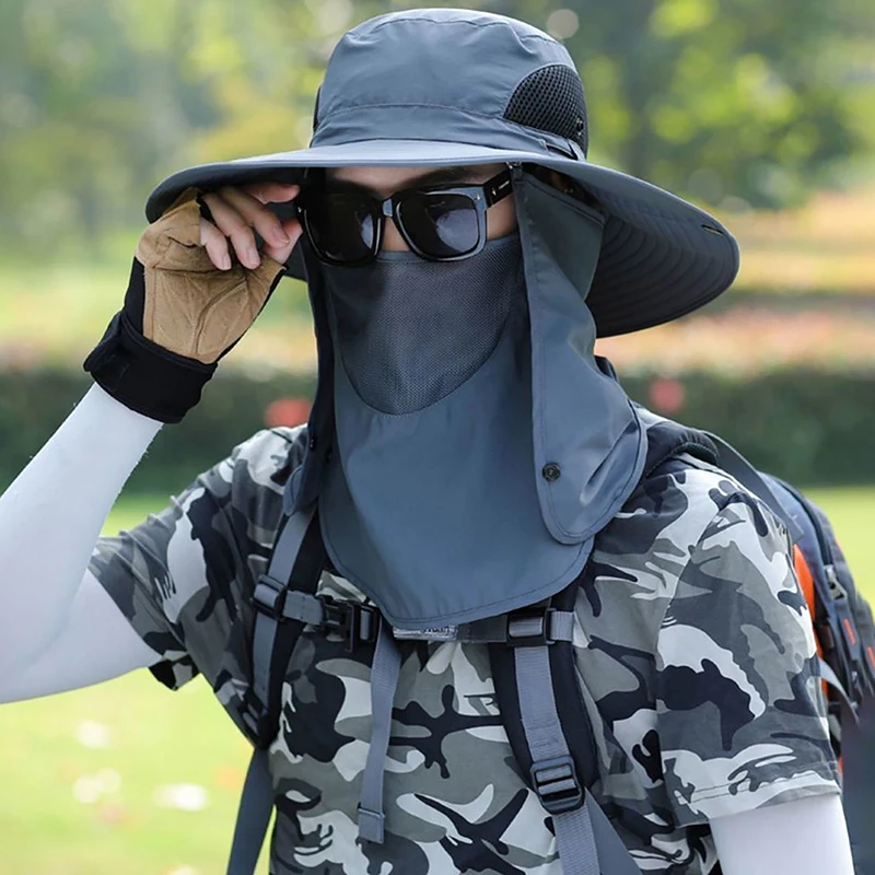 Outdoor Summer Sun Hat with Detachable Face Mask Breathable Mesh Fishing Cap with Neck Flap for Hiking/Fishing