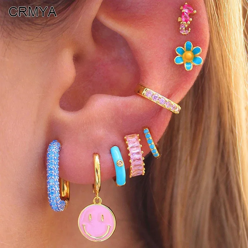 

CRMYA Gold Plated Earrings Set For Women Color Enamel And CZ Zircon Hoop Stud Smile Dangle Earrings 2022 Party Jewelry Wholesale