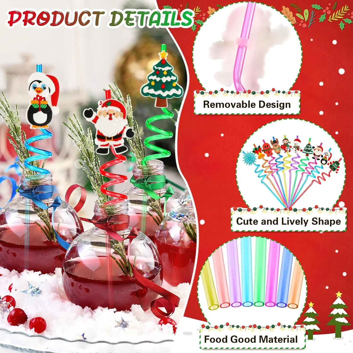 10-100PCS Cute Christmas Drinking Straws Santa Reindeer Snowflake Plastic Straws Kids Party Supplies Holiday Gift Party Favor 4