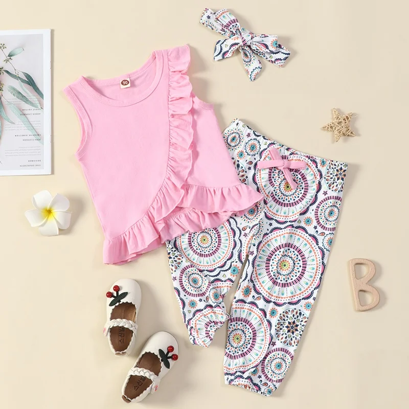

Summer Girls Outfits Kids Clothes Ruffles Solid Sleeveless Tops+print Loose Long Pants+headband 3 Pcs Sets Girls Clothes 1-5Y