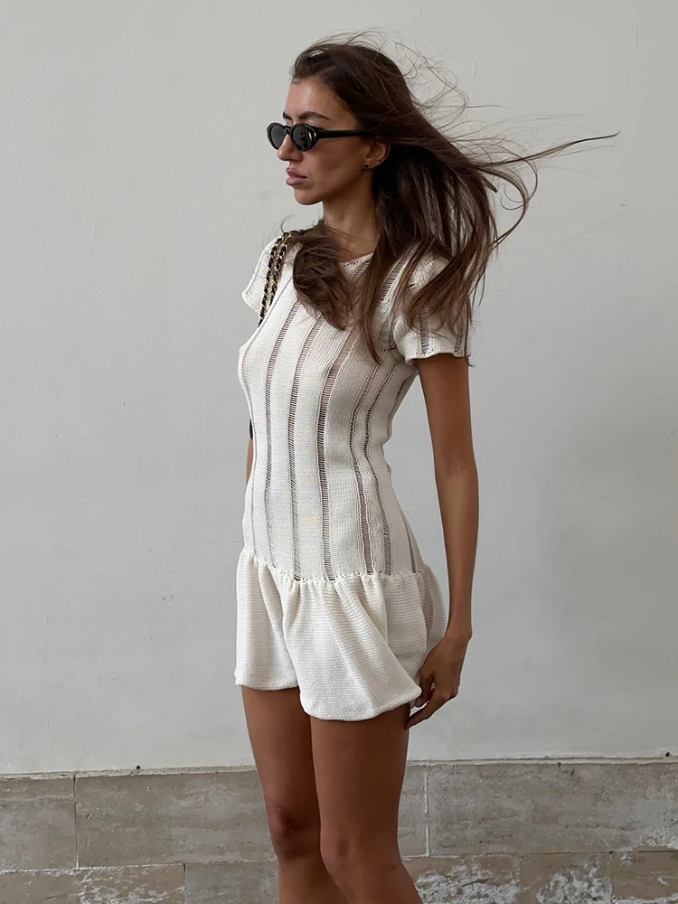 Sexy Knit Frill Mini Dress 2026 Women's Summer Chic Vacation Beachwear Swimsuit Cover Up Short Sleeve Hollow Out Dresses K363 4