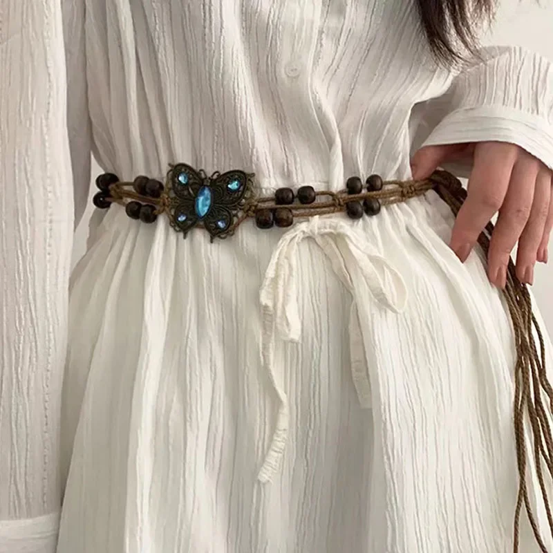 

Retro Ethnic Style Woven Waist Chain For Women Bohemian Wooden Bead Butterfly Chain Belt Lady Rope Braid Waist Belt