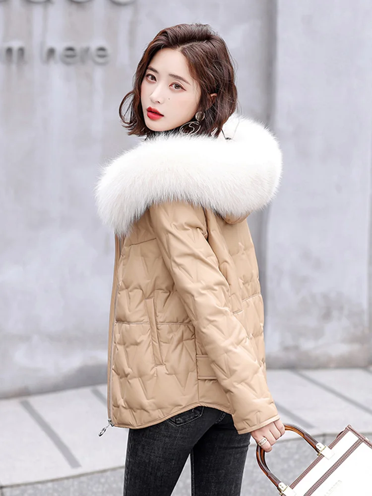 New Women Leather Down Jacket Autumn Winter Casual Fashion Hooded Real Fox Fur Collar Loose Sheepskin White Duck Down Coat