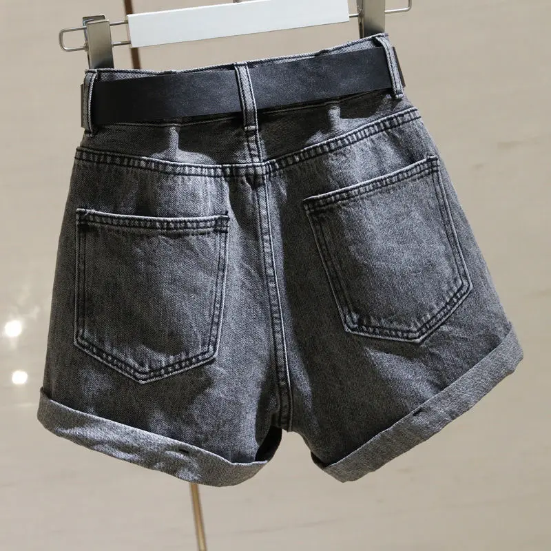 2023 New Korean Denim Shorts Women's Summer Show High Show Thin Curled Hem Pants A-line Wide Leg Pants