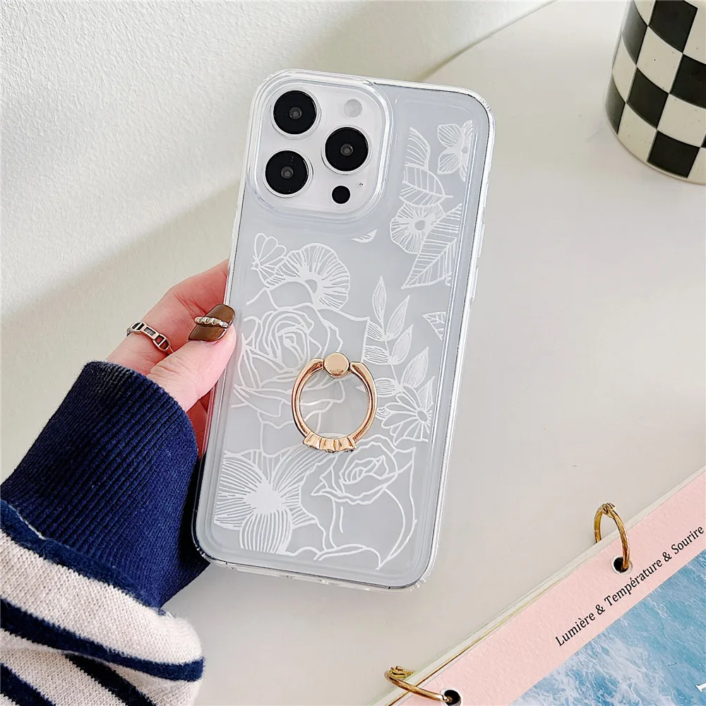 Coque de téléphone transparente avec porte-fleurs de Style coréen, étui Transparent pour iphone 15 14 12 13 11 Pro Max Plus, support Floral mignon pour fille_voghion.com
