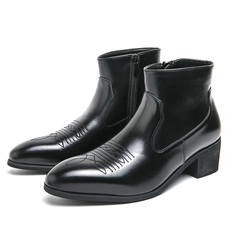 

Western Boots for Men Cowboy Black Zipper Brown Ankle Boots Business Handmade Size 38-46 Mens Boots