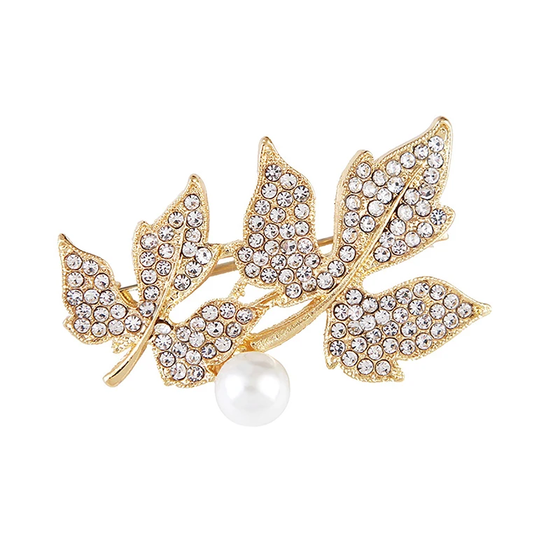 

1PC Fashion Full Diamond Double Maple Leaf Pearl Brooches Women Clothing Jewelry Party Accessories