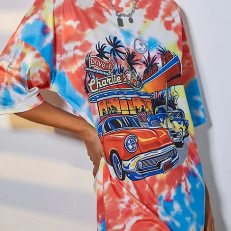 

Tie Dye Vintage Car Print Letter Boho Graphic T Shirts Women Short Sleeve Loose Top Tee Shirt Femme 2021 Summer New