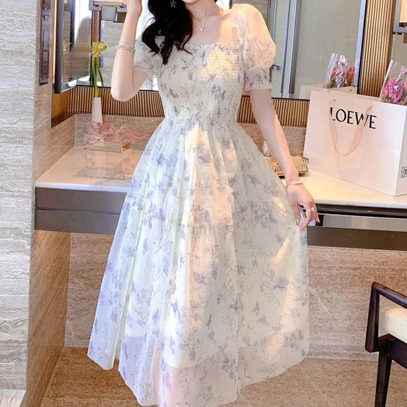 New Elegant Fashionable Bubble Sleeve Square Collar Women's Dress New Floral Fungus Edge A-line Loose Skirt 20044
