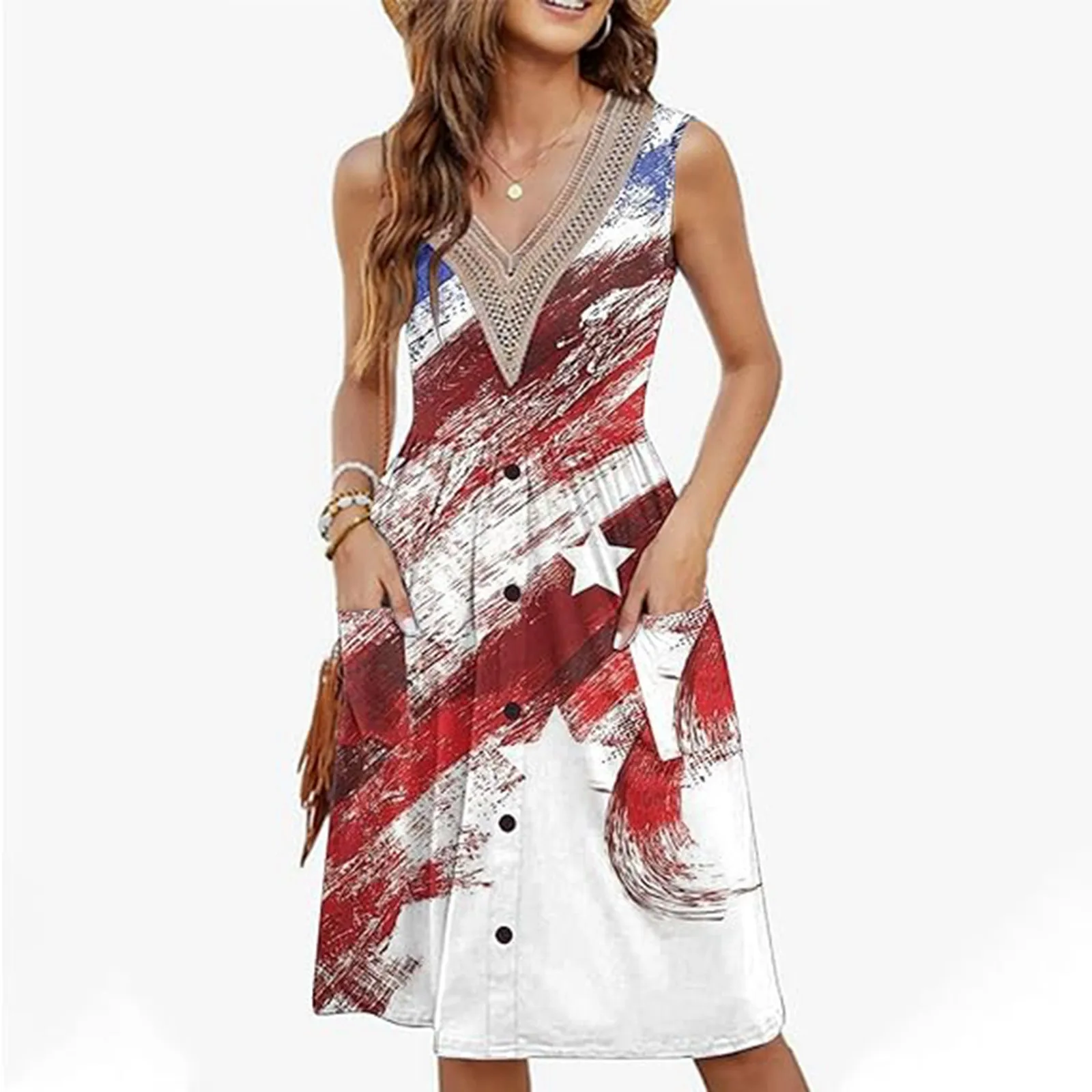 

American Flag Print Sleeveless Dresses For Women Elegant Lace V Neck Button Midi Vest Dress Ladies Sexy Dress Clubwear Vestidos