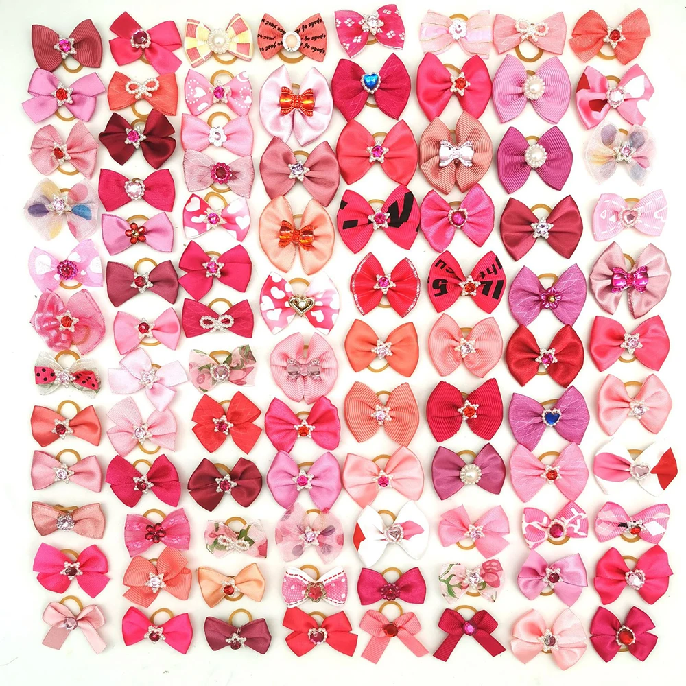 100pcs 애완 동물 손질 머리 활 강아지 믹스 색상 작은 개 머리 고무 밴드 개 공급 업체에 대 한 헤어 액세서리 장식