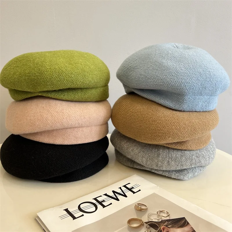 

Crooked Head Beret women's Wool Knitted Autumn Winter New Fashion Solid Colour Retro Warm Simple painter's Hat Free Shipping