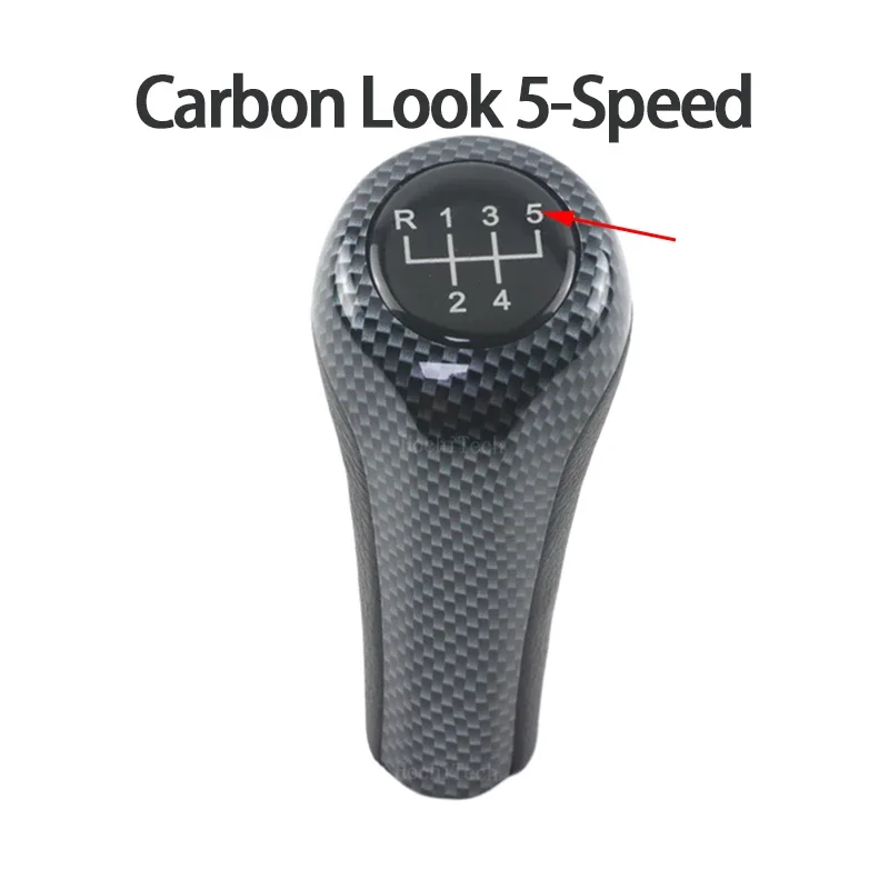 Carbon Look Leather Gear Shift Knob - Silver, 5/6 Speed Car Shifter