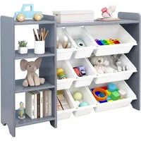 Children's bookshelf,4-layer children's toy storage rack-100% solid wood children's storage cabinet,equipped with 9plastic boxes 1