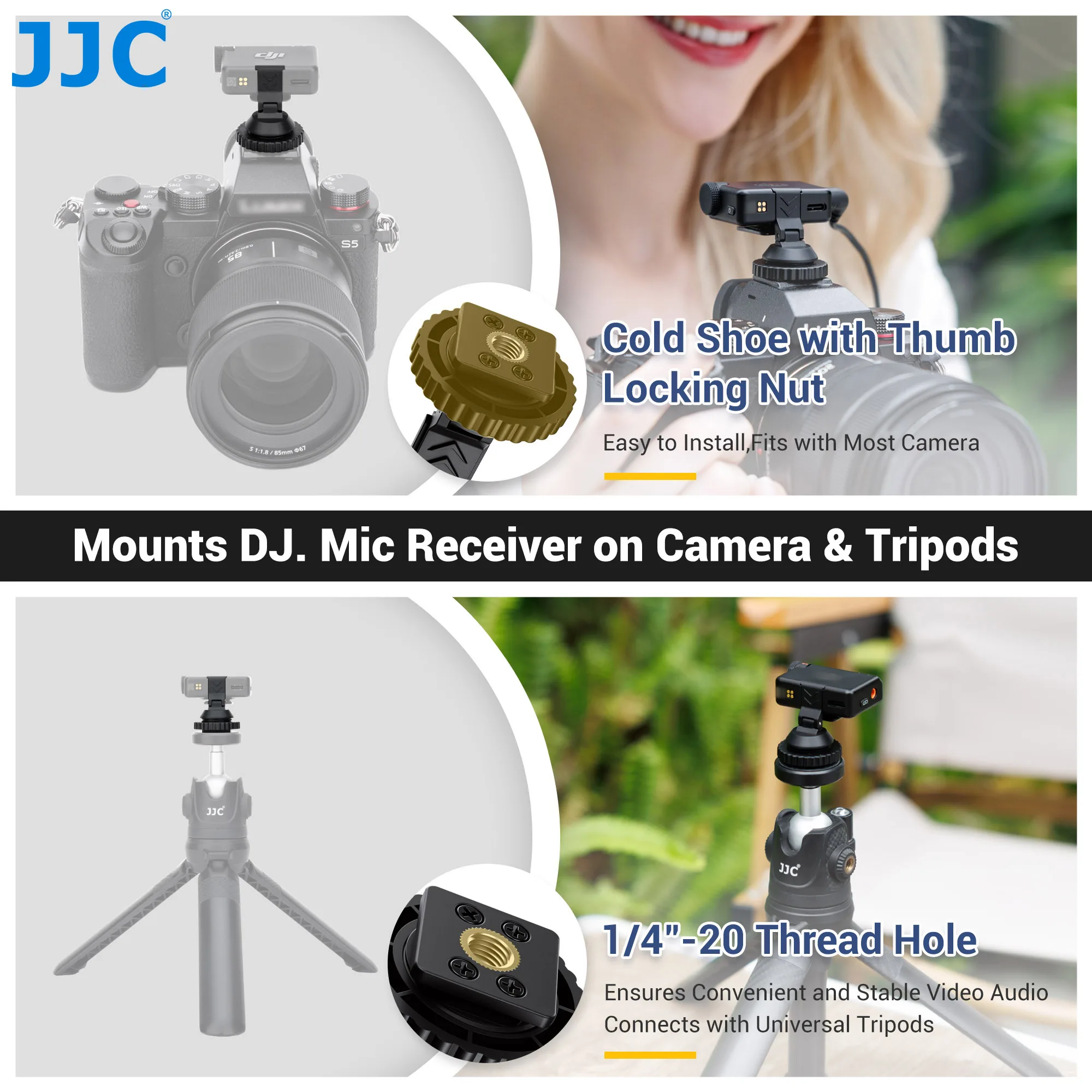 JJC Foldable Cold Shoe Adapter For DJI Mic Mini 1/4-20 Angle Adjustable Adapter For DSLR Camera Vlogging Video Recording action camera accessory tripod adapter