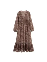 Women Summer MIDI Dress 2025 Vintage Print Chiffon V-Neck Cascading Ruffle Bow Female Elegant Street Dresses Clothing - Image 2