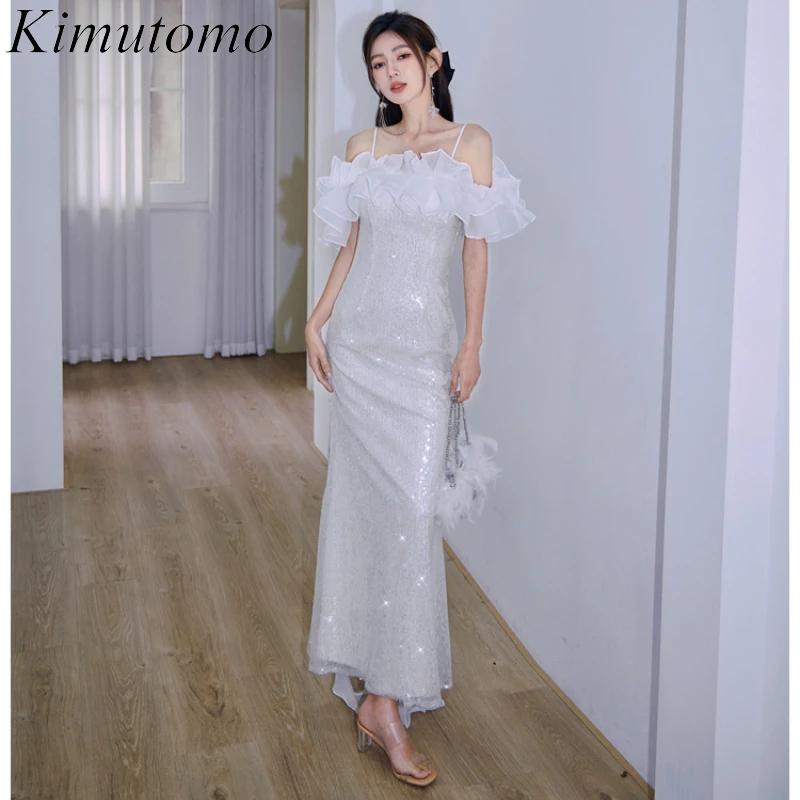 

Kimutomo Ruffles Sequined Dress for Women Boat Neck Patchwork Fishtail Dresses Strapless Vestidos Para Bodas Mujer Invitada