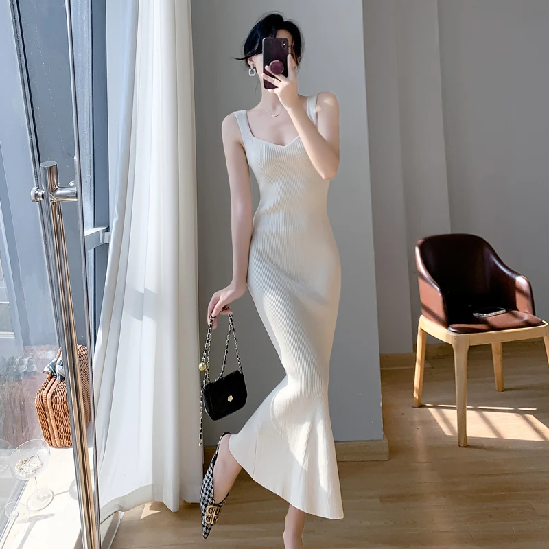 

Summer New Women White Elegant V neck Knit Slip Long Dress French Black Sexy Club Slim Prom Evening Party Fishtail Dresses