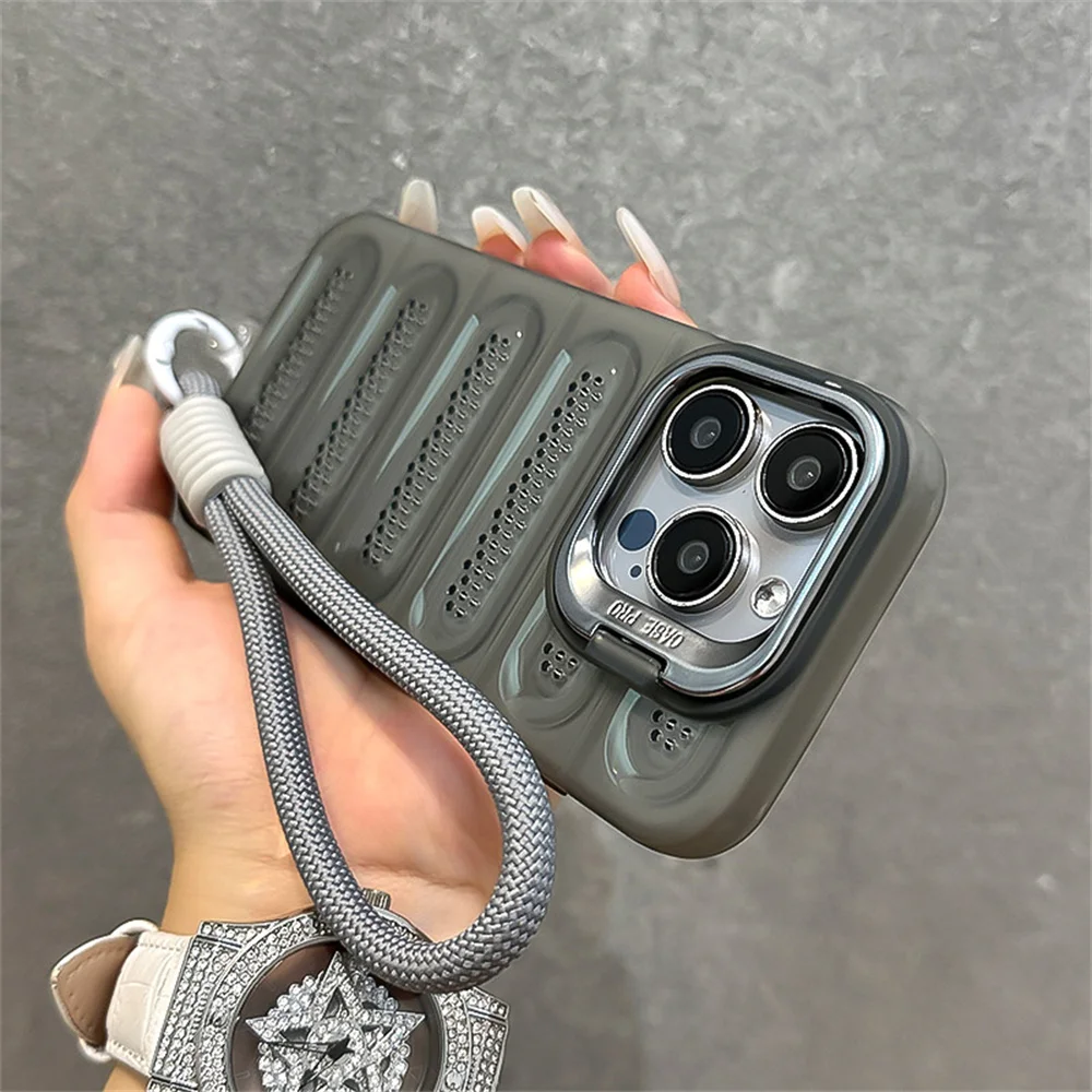 Enhanced Wrist Strap Lanyard Phone Case with Heat Dissipation and Folding Stand - Shockproof Matte Back Cover with Lens Protection