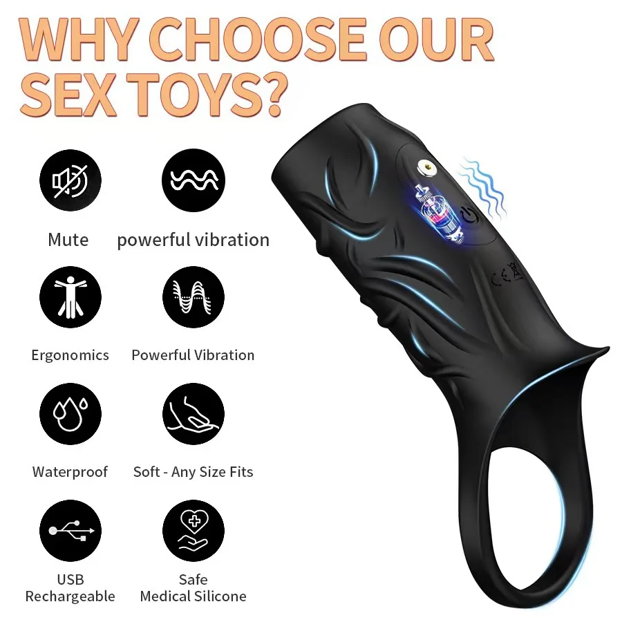 Vibrator Penis Sleeve Cock Ring Ejaculation Extender for Penis Testicles G Spot Stimulation Couples Adult Sex Toys for Men Women 4