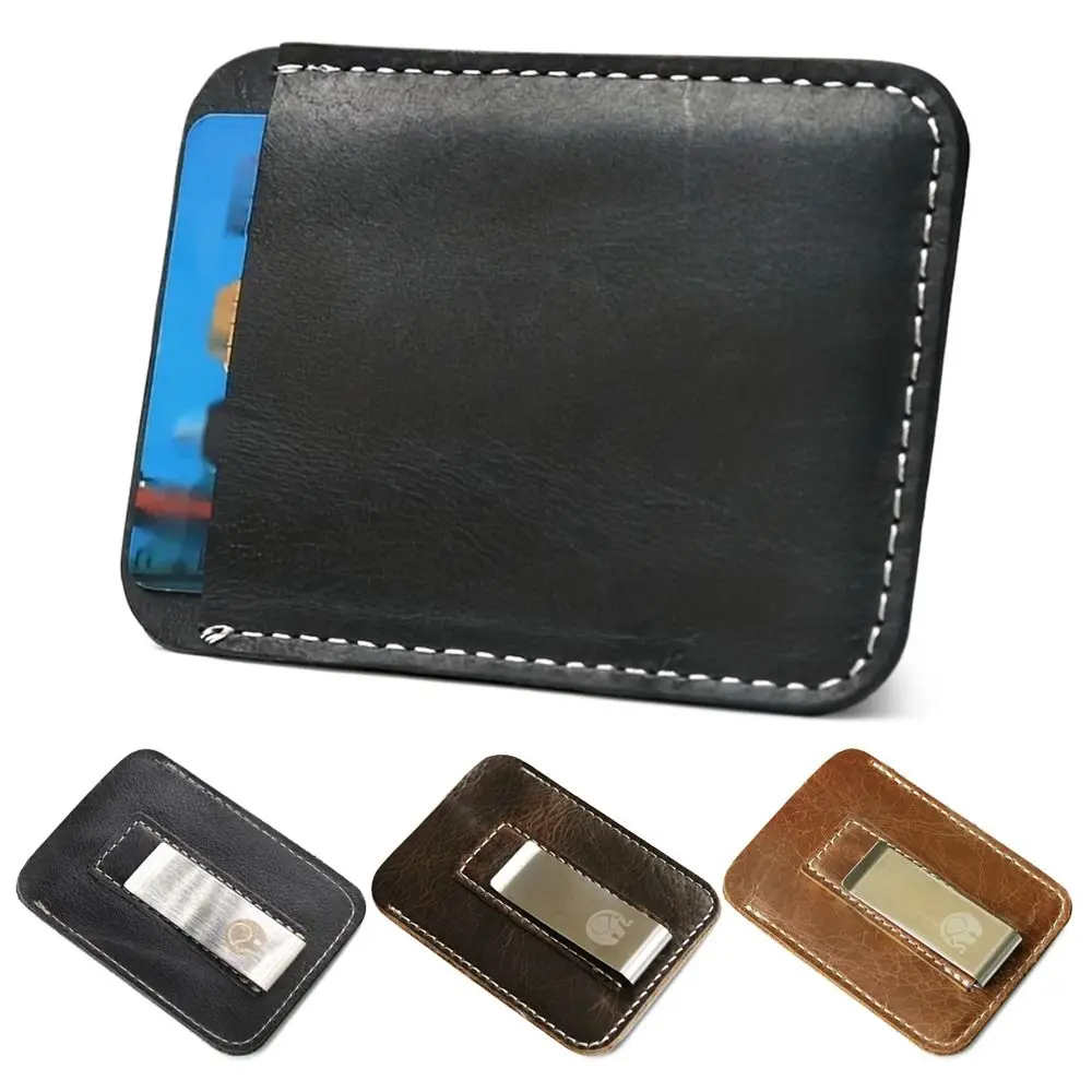 Metal Money Clip Fashion Thin Genuine Leather Credit Card Slot Slim Bills for Man