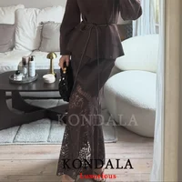 KONDALA Vintage Chic Chocolate Brown Satin Skirts Front Split Lace Midi Skirts Fashion 2025 Evening Club Party Women Long Skirts - Image 3