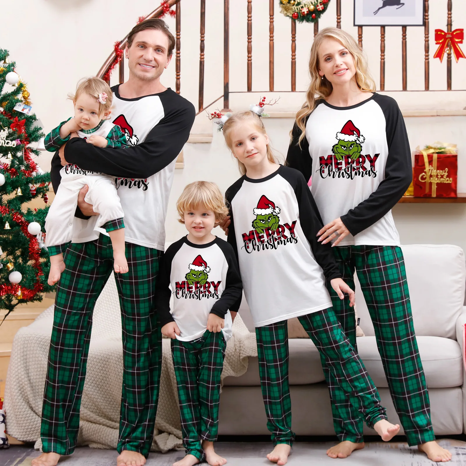 Conjuntos de ropa de estar por casa navideña Conjunto de pijama verde para mujer adulta Conjunto de pijama para la familia