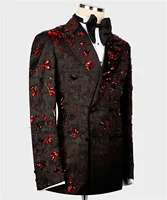 Fashion Jacquard Men Suits Customized Wedding Groom Tuxedos With Beaded Crystal 2 Pieces Sets Male Prom Party Blazer ropa hombre 2