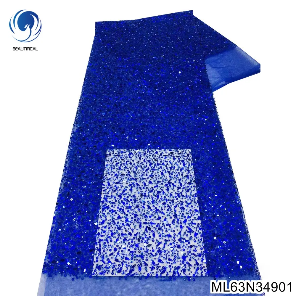 

SAPHIRE BLUE Colors African Different Form Big Sequins and French Handmade Pearls Lace Fabric for Wedding Bridal Dress ML63N349