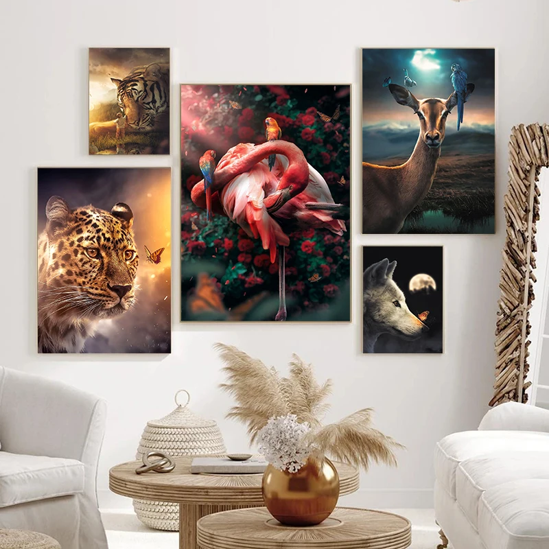 

Modern HD Prints Home Decor Canvas Flamingo Lion Poster Painting Tiger Wolf Animal Wall Art Modular Picture No Frame Living Room