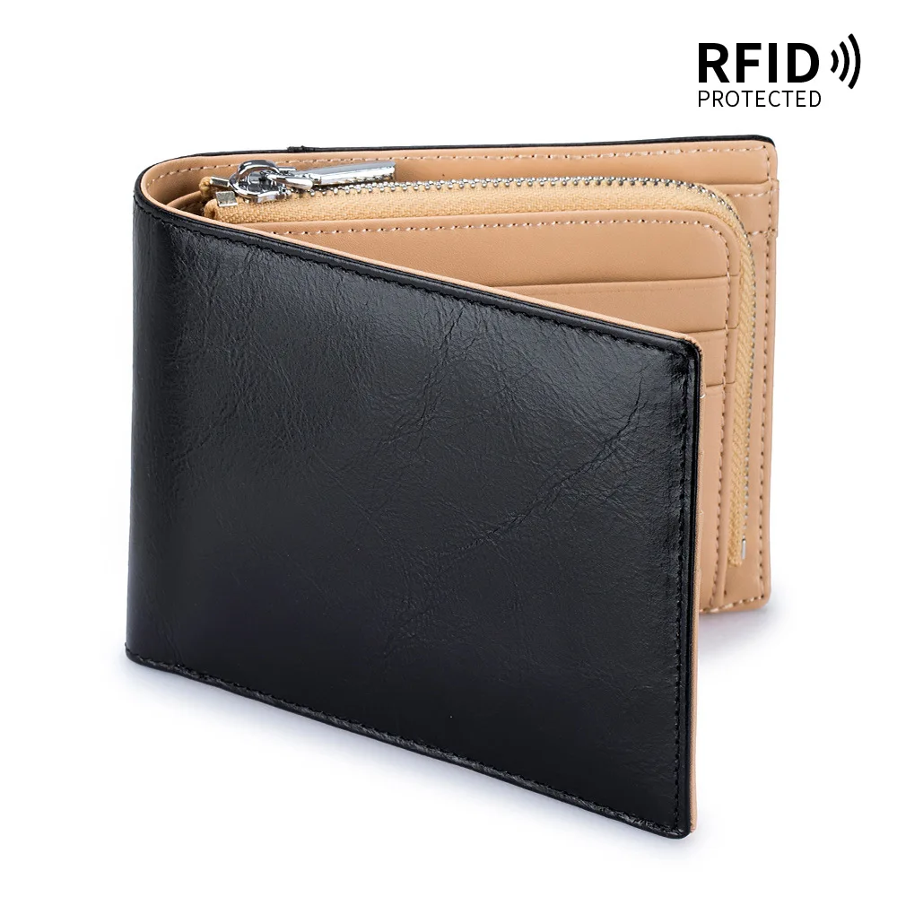 Contrast color 100% genuine leather retro short men's purse RFID cowhide large capacity zipper zero wallet multi-card card bag
